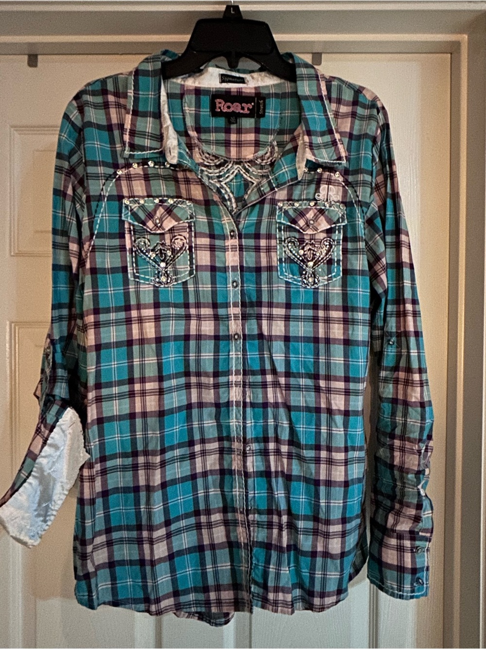 Ladies “Signature,” Roar Button Down Fancy Shirt, STRETCH, Size XL